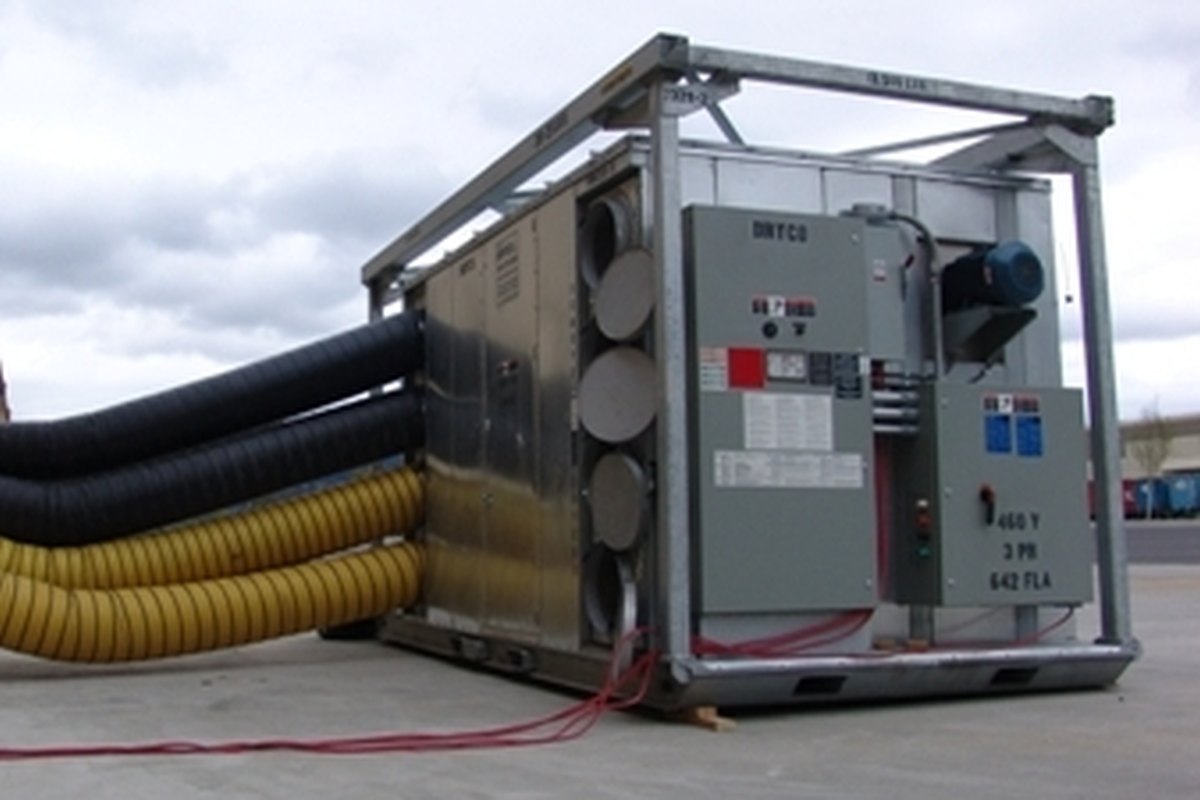 An industrial desiccant dehumidifier of the kind used to dry water damaged structures