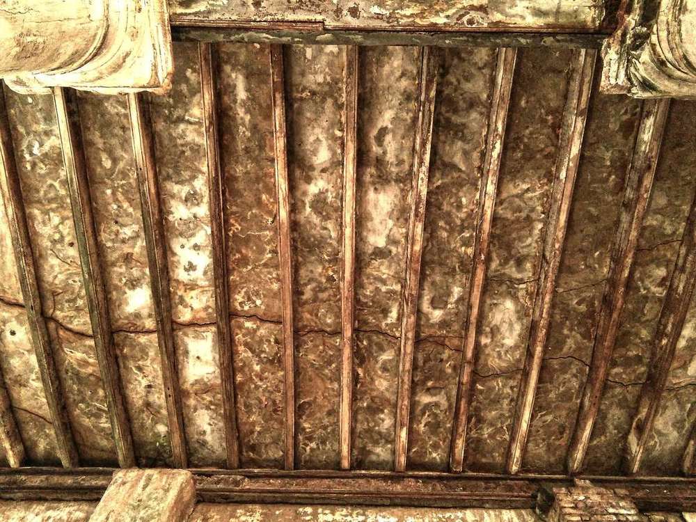 Mold and moisture staining spread across basement ceiling boards and beams