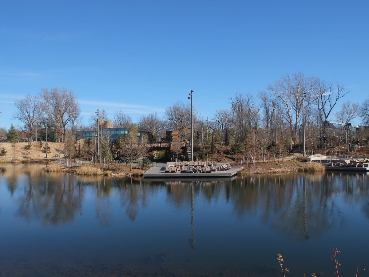 The lake at Gathering Place, the Tulsa riverfront park just west of the Brookside neighborhood