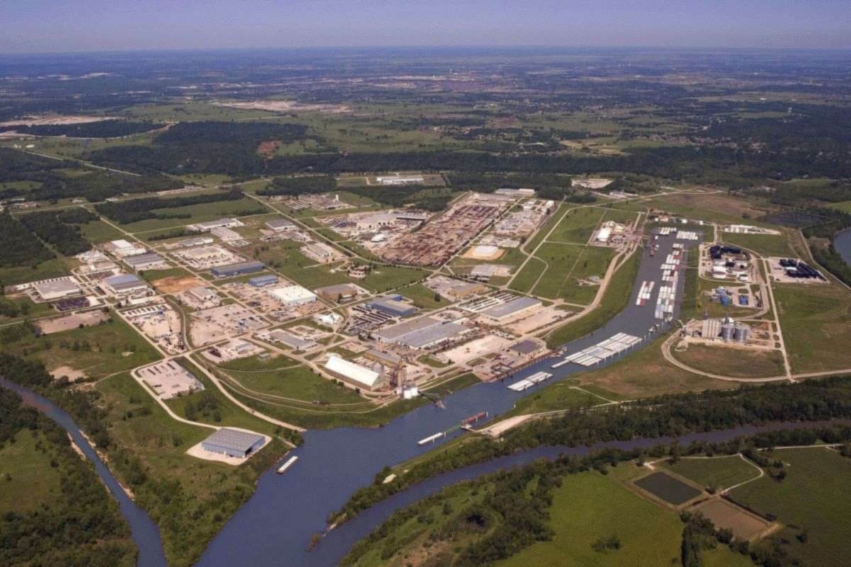 Aerial view of the Tulsa Port of Catoosa on the Verdigris River in Catoosa, Oklahoma