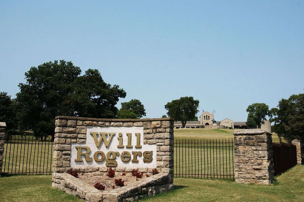 Stone entrance sign at the Will Rogers Memorial Museum in Claremore, Oklahoma