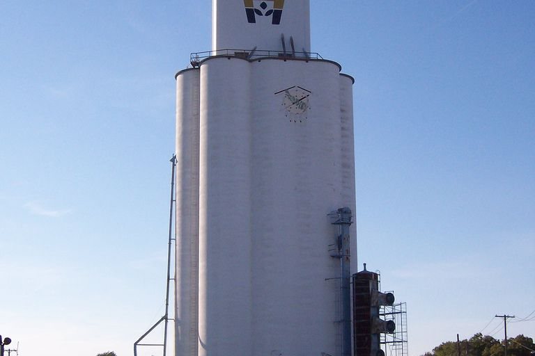Grain elevator in a small Oklahoma town, representative of Collinsville agricultural heritage