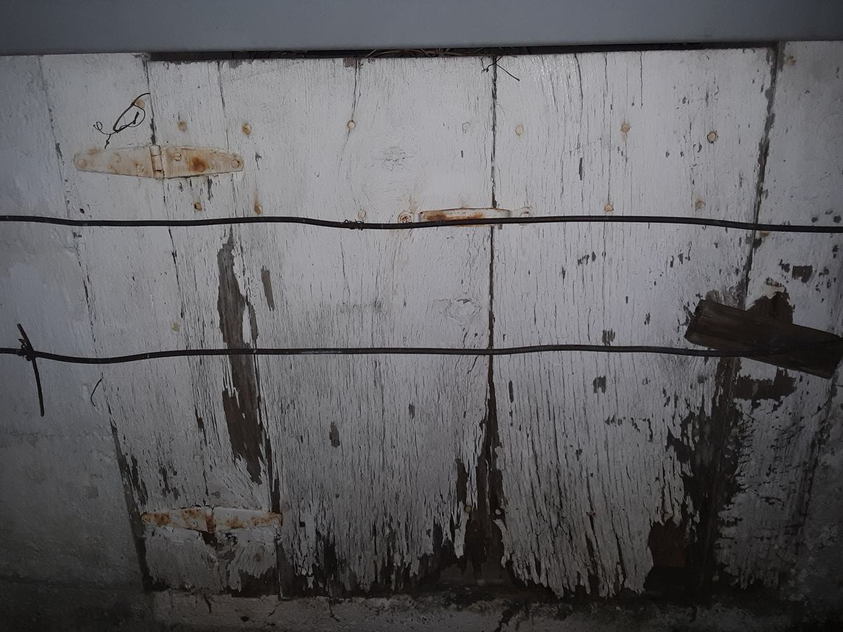 A weathered crawl space access panel on a house