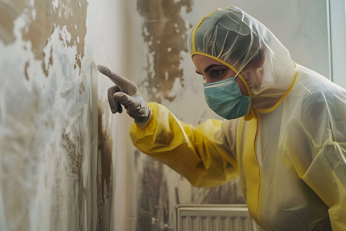 A technician in protective gear inspecting mold growth on an interior wall before remediation