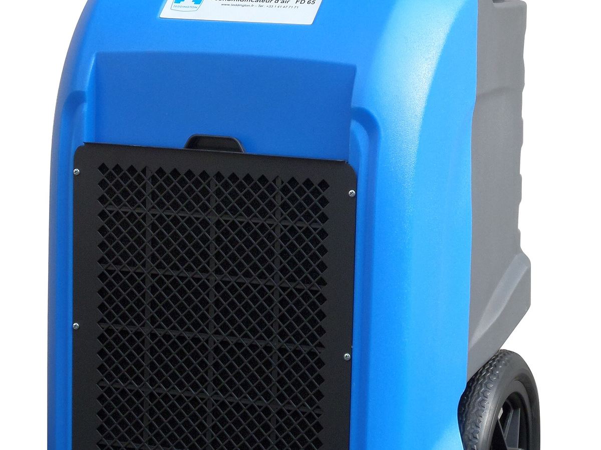 Professional grade wheeled dehumidifier of the type used to dry water damaged buildings