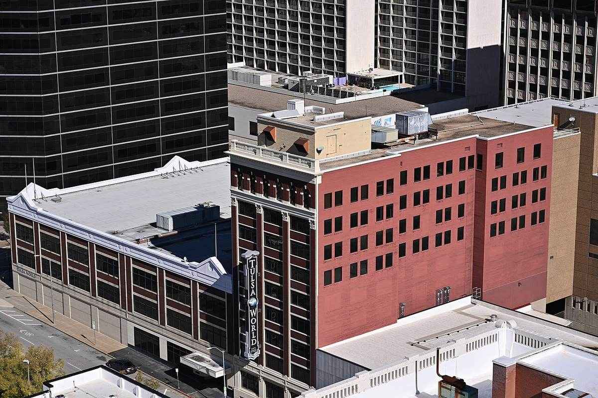 Downtown Tulsa buildings seen from above, including the historic Tulsa World building