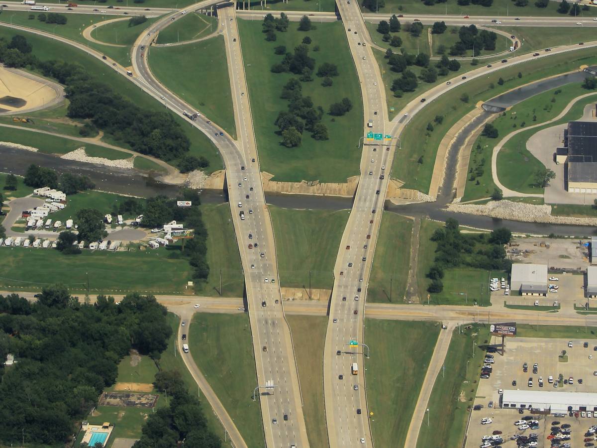 Aerial view of the I-244 and US-169 interchange in east Tulsa, Oklahoma