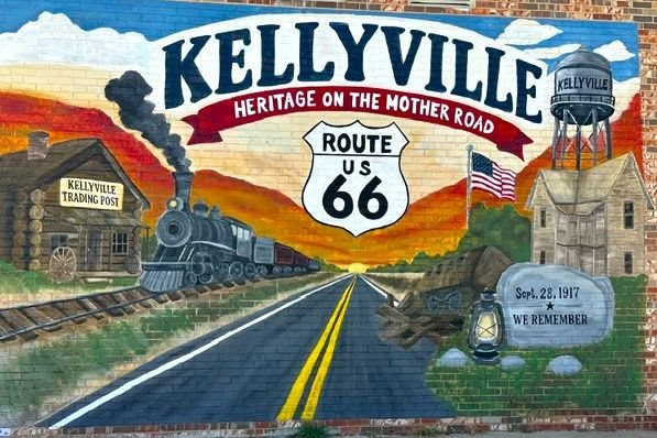 Kellyville heritage mural with a Route 66 shield in Kellyville, Oklahoma
