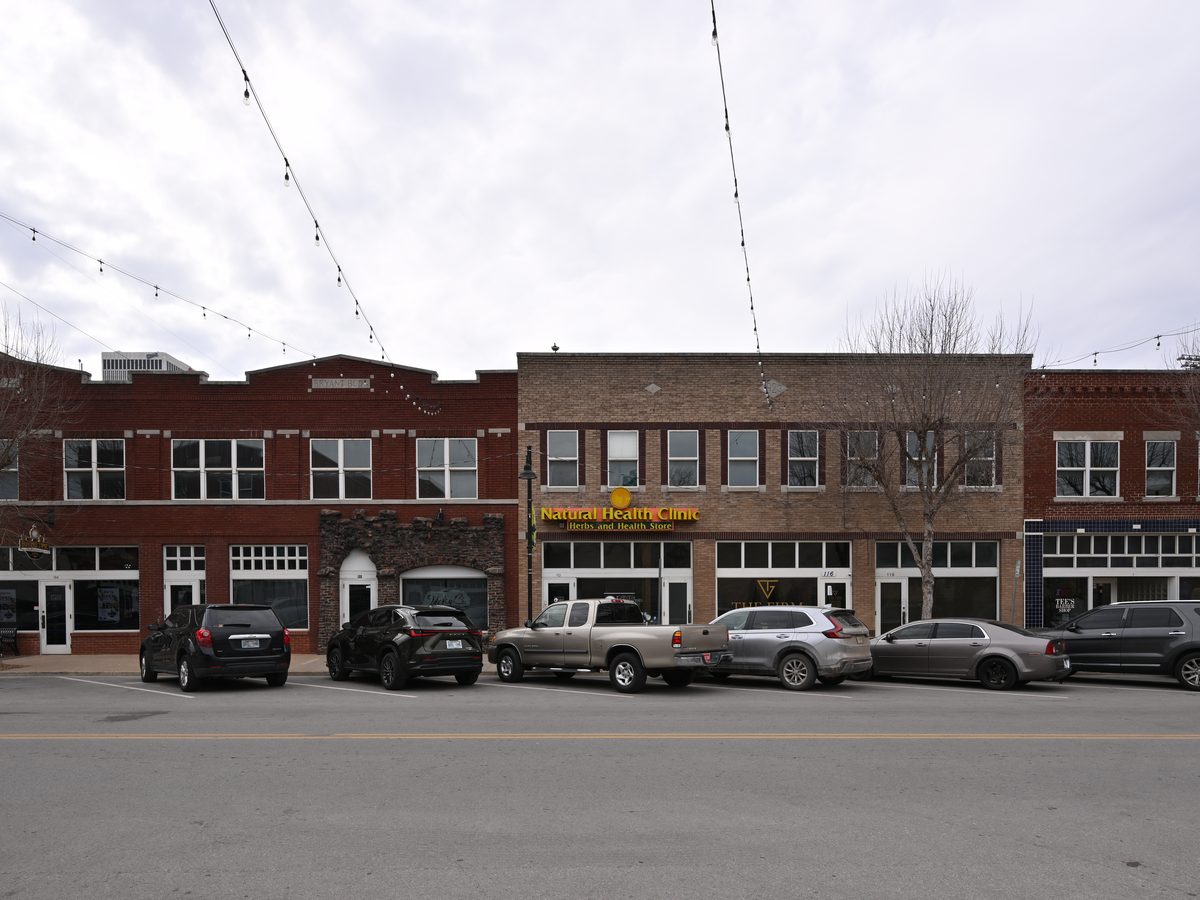 Brick retail buildings along North Greenwood Avenue in the Greenwood District of North Tulsa