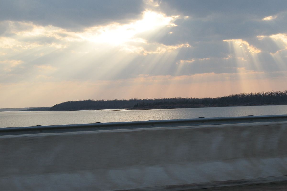 Keystone Lake west of Sand Springs, seen from a bridge at sunset