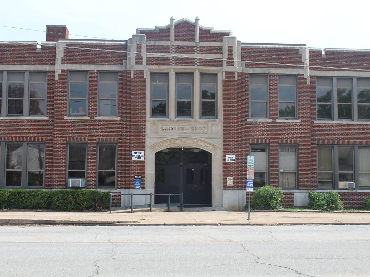 The historic red brick Central Ninth Grade Center building in Sand Springs, Oklahoma