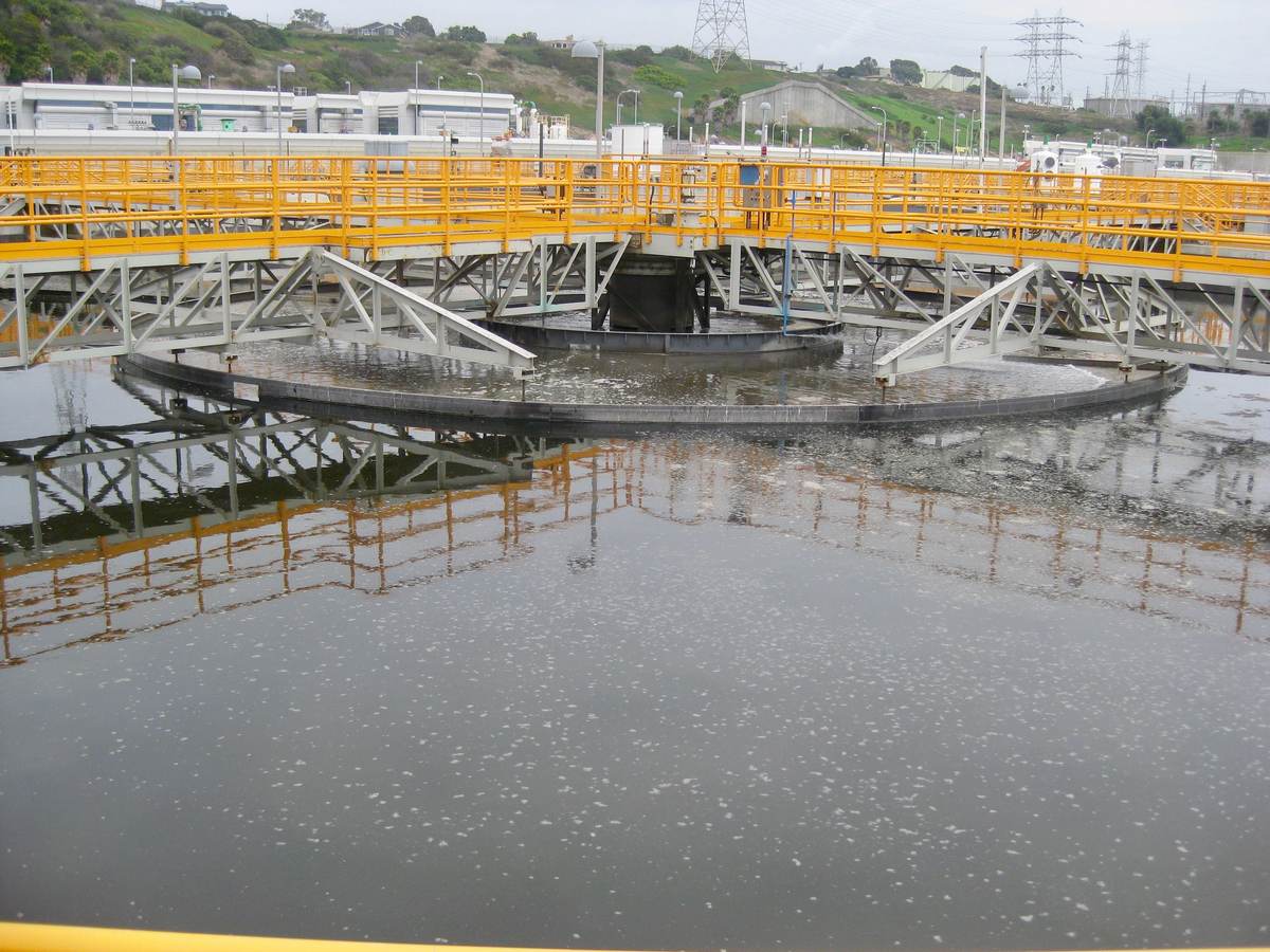 A circular clarifier at a wastewater treatment plant