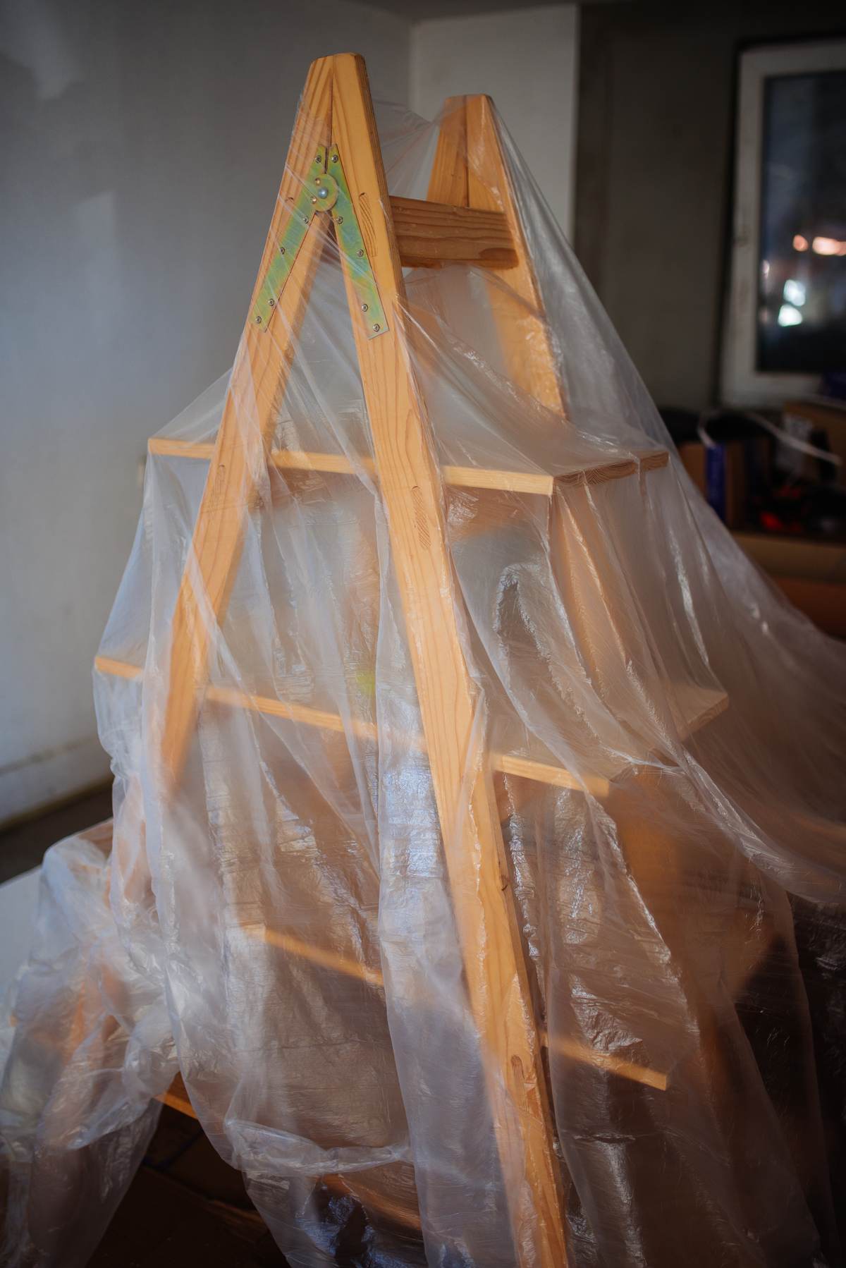 Plastic sheeting sealing off a work area during a restoration project