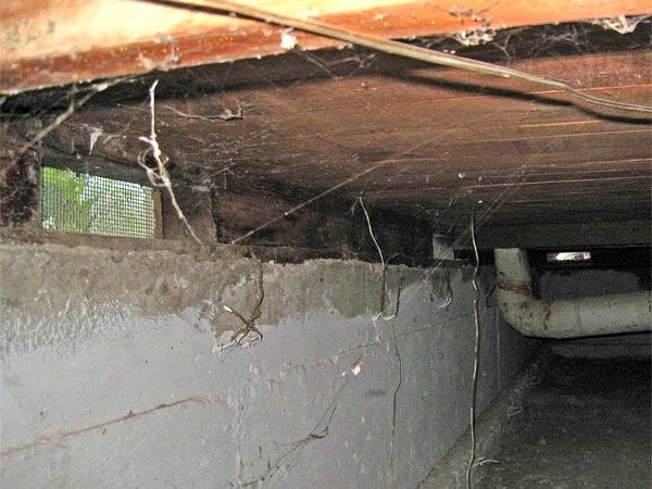Inside a vented crawl space: floor joists overhead, a concrete foundation wall, and plumbing lines over a dirt floor