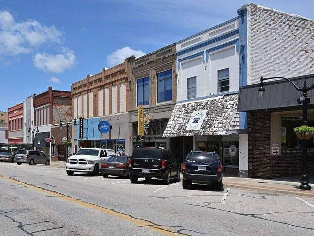 Historic storefronts along the main street of downtown Claremore, Oklahoma