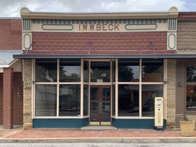 The historic I.W.W. Beck building storefront in downtown Oologah, Oklahoma