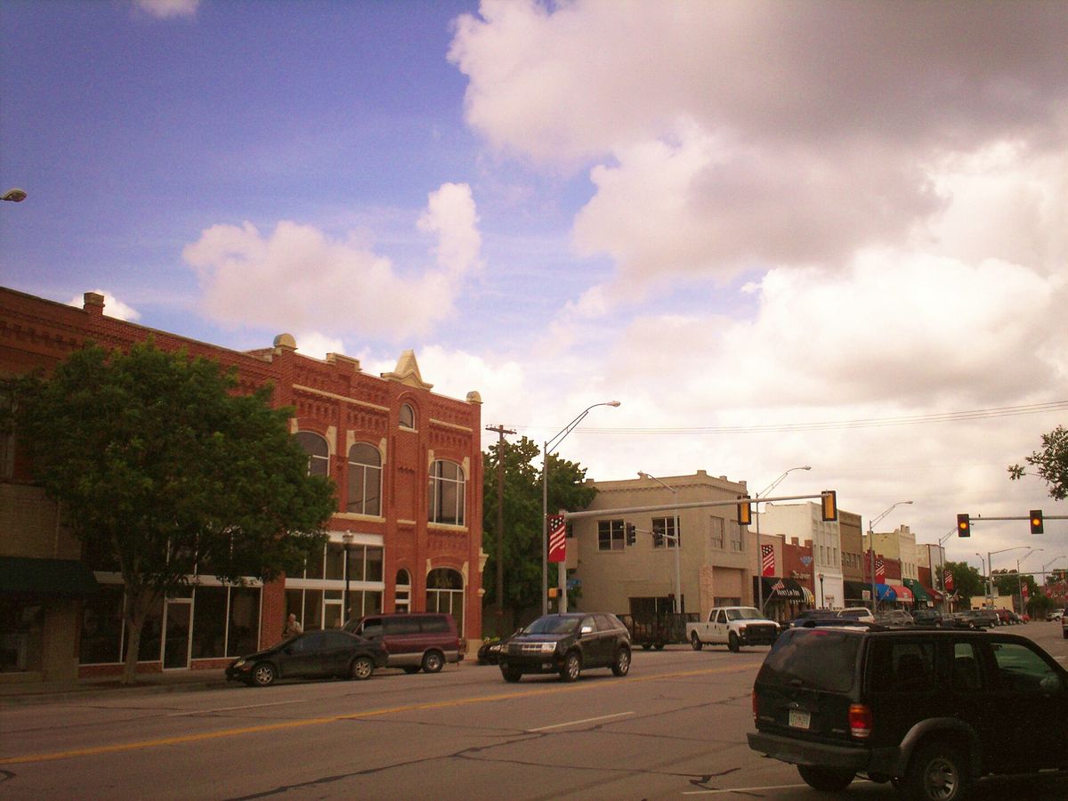 Brick storefronts along Main Street in downtown Broken Arrow, Oklahoma, home of the Rose District