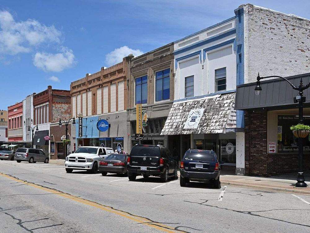 Historic storefronts along the main street of downtown Claremore, Oklahoma