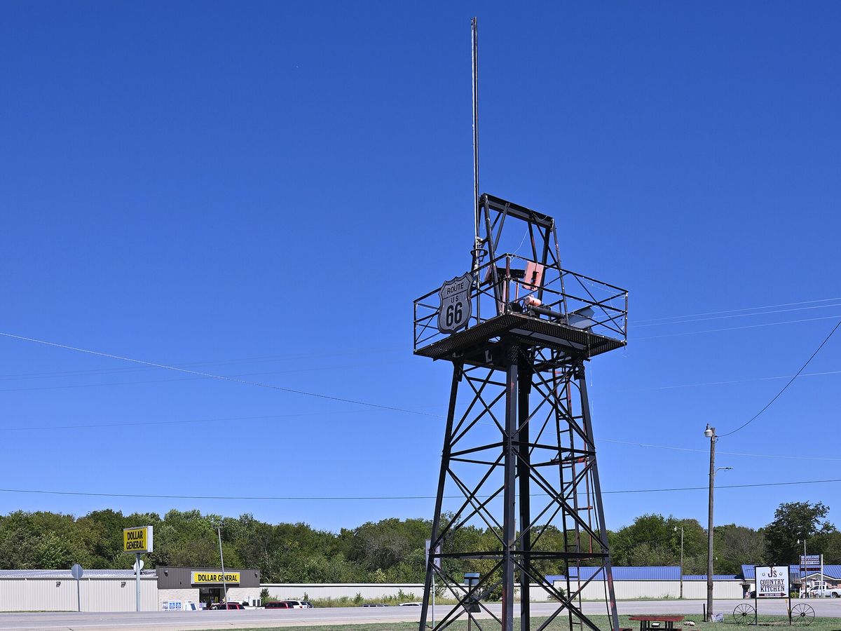 Historic oil derrick tower at the derrick park in Kellyville, Oklahoma, on Route 66